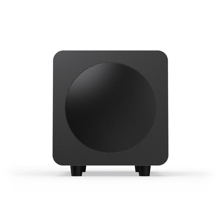 Субуфер Kanto Audio SUB6, матово черно, изглед отпред с кръглата перфорирана решетка