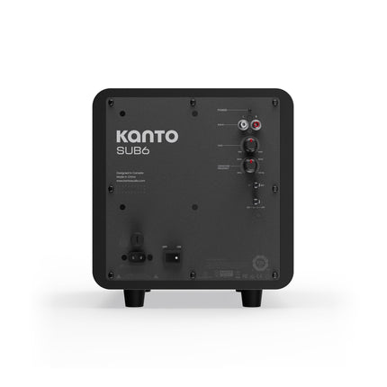 Задната страна на субуфера Kanto Audio SUB6, матово черно, с RCA входовете и регулаторите