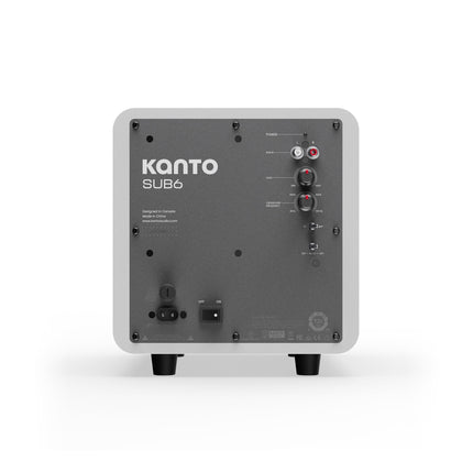 Задната страна на субуфера Kanto Audio SUB6, матово бяло, с RCA входовете и регулаторите