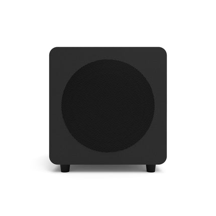Субуфер Kanto Audio SUB8, матово черно, изглед отпред с кръглата перфорирана решетка