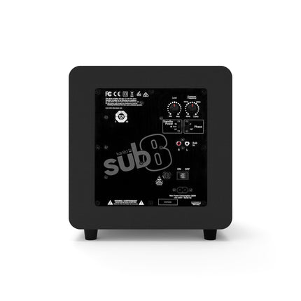 Задната страна на субуфера Kanto Audio SUB8, матово черно, с RCA входовете и регулаторите
