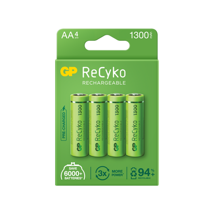 Акумулаторни батерии GP ReCyko AA 1300mAh (R6), рециклируеми опаковки 4 бр. повторно запечатани