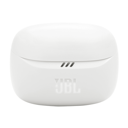 Слушалки JBL Tune Beam 2 (бяло): затворен калъф за зареждане, изглед отпред