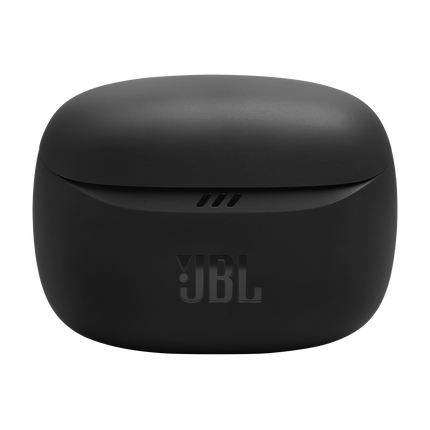 Слушалки JBL Tune Buds 2 (черно): затворен калъф за зареждане, изглед отпред