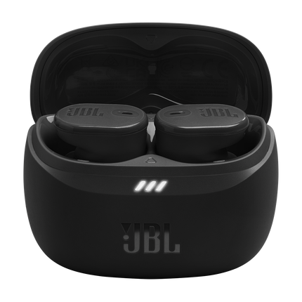 Слушалки JBL Tune Buds 2 (черно): отворен калъф за зареждане с двете слушалки вътре