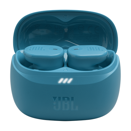 Слушалки JBL Tune Buds 2 (тюркоазено): отворен калъф за зареждане с двете слушалки вътре