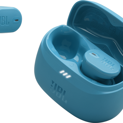 Слушалки JBL Tune Buds 2 (тюркоазено): отворен калъф за зареждане и една слушалка до него