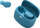 Слушалки JBL Tune Buds 2 (тюркоазено): отворен калъф за зареждане и една слушалка до него