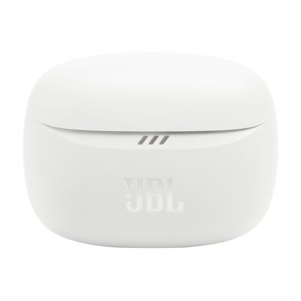 Слушалки JBL Tune Buds 2 (бяло): затворен калъф за зареждане, изглед отпред