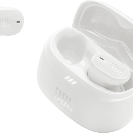 Слушалки JBL Tune Buds 2 (бяло): отворен калъф за зареждане и една слушалка до него