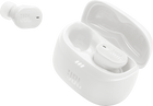 Слушалки JBL Tune Buds 2 (бяло): отворен калъф за зареждане и една слушалка до него