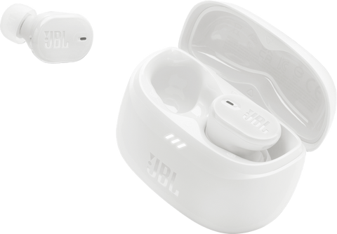 Слушалки JBL Tune Buds 2 (бяло): отворен калъф за зареждане и една слушалка до него