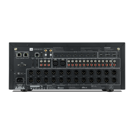 Panoul din spate al procesorului JBL Synthesis SDP-70, cu 24 de iesiri XLR, 24 RCA, sapte intrari HDMI si doua porturi Dante
