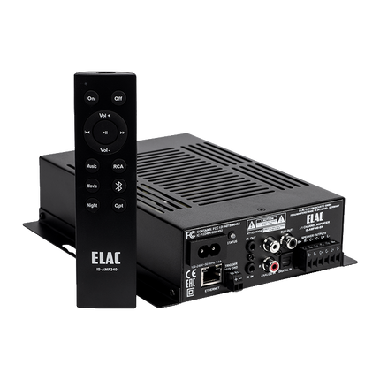 Elac IS-AMP340, finisaj negru, vedere din spate cu telecomanda