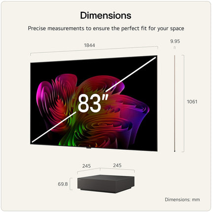 Schema cu dimensiunile televizorului LG OLED evo AI W69LA de 83 inch: 1844 mm latime, 1061 mm inaltime, 9,95 mm grosime, plus Zero Connect Box