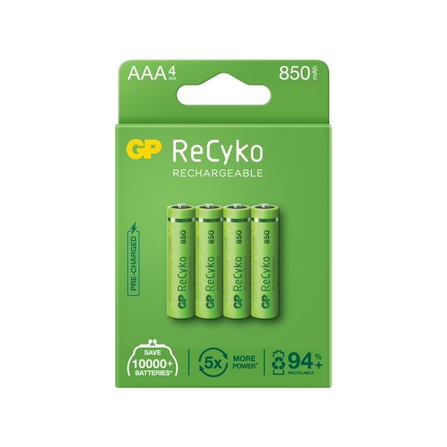 Акумулаторни батерии GP ReCyko AAA 850mAh (R03), рециклируеми опаковки 4 бр. повторно запечатани