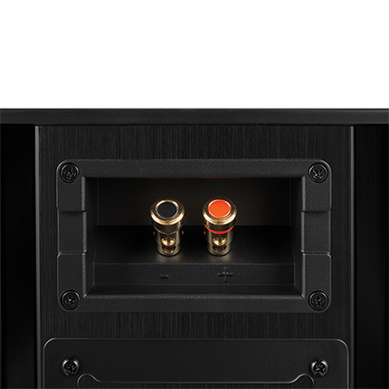 Prim-plan cu bornele boxei JBL Synthesis SCL-9: o singura pereche de borne aurite