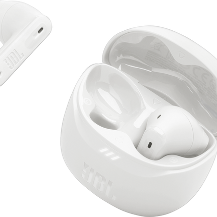 Слушалки JBL Tune Flex 2 (бяло): отворен калъф за зареждане и една слушалка до него