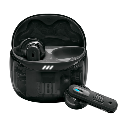 Слушалки JBL Tune Flex 2 (Ghost Black): отворен калъф за зареждане и една слушалка, студийна снимка