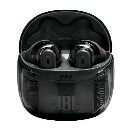 Слушалки JBL Tune Flex 2 (Ghost Black): отворен калъф за зареждане с двете слушалки вътре
