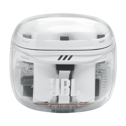 Слушалки JBL Tune Flex 2 (Ghost White): затворен калъф за зареждане, изглед отпред