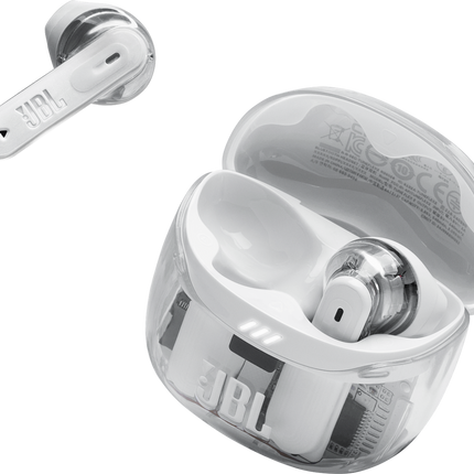 Слушалки JBL Tune Flex 2 (Ghost White): отворен калъф за зареждане и една слушалка до него