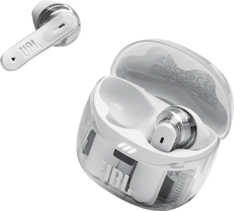 Слушалки JBL Tune Flex 2 (Ghost White): отворен калъф за зареждане и една слушалка до него