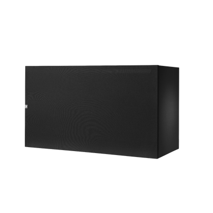 Subwoofer JBL Synthesis SSW-2 cu grila textilă neagră montată, în poziție orizontală