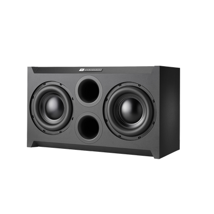 Subwoofer JBL Synthesis SSW-2 în poziție orizontală, fără grilă, cu cele două difuzoare de 300 mm și porturile frontale între ele