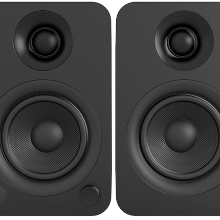 Черни активни тонколони Kanto Audio YU отпред, с туитъра и уофъра