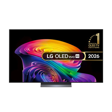 LG OLED evo AI C62LA, model 2026 — vedere frontala pe stand, cu marcajul LG OLED evo AI 2026 pe ecran