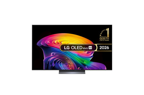 LG OLED evo AI C62LA, model 2026 — vedere frontala pe stand, cu marcajul LG OLED evo AI 2026 pe ecran