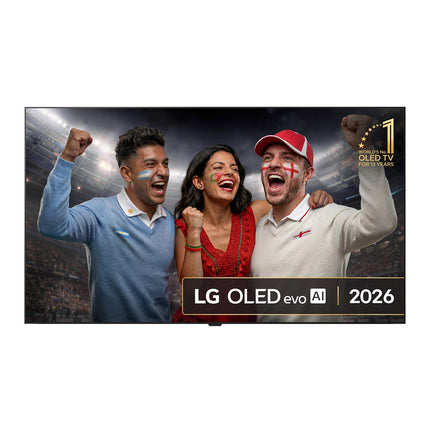 LG OLED evo AI W69LA, model 2026 — vedere frontala cu marcajul LG OLED evo AI 2026 pe ecran