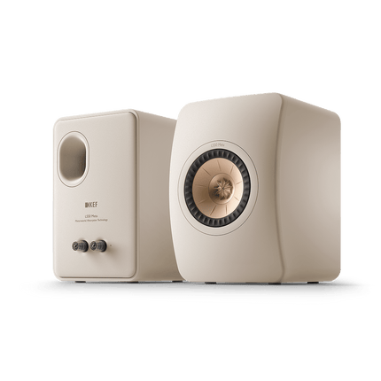 KEF LS50 Meta, finisaj Sand Shell, vedere frontală și posterioară