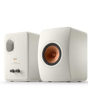 KEF LS50 Meta, finisaj Mineral White, vedere frontală și posterioară
