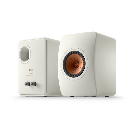 KEF LS50 Meta, finisaj Mineral White, vedere frontală și posterioară