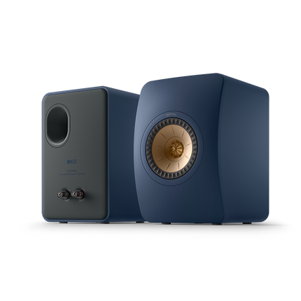 KEF LS50 Meta, finisaj Blue, vedere frontală și posterioară