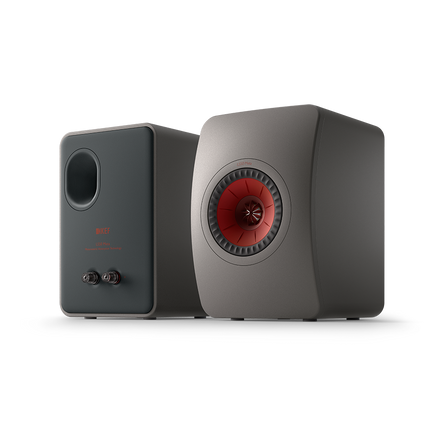 KEF LS50 Meta, finisaj Titanium Grey, vedere frontală și posterioară