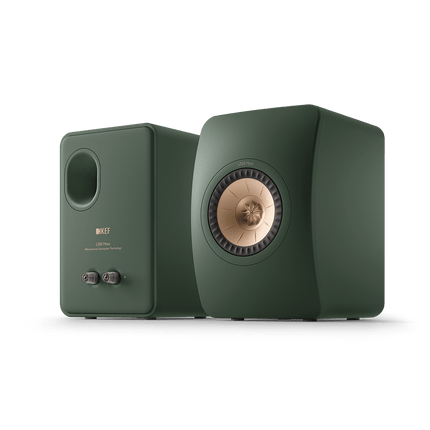 KEF LS50 Meta, finisaj Moss Green, vedere frontală și posterioară