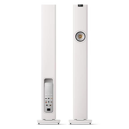 KEF LS60 Wireless, finisaj Mineral White, vedere frontală și posterioară