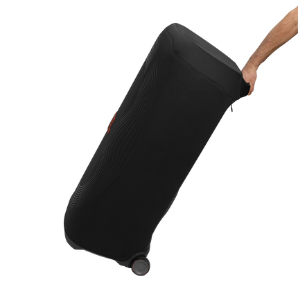 JBL PartyBox Ultimate в калъфа JBL PartyCover Ultimate, теглена на колелата си