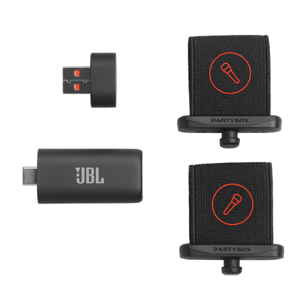 AI донгълът, адаптерът USB към USB-C и стойките на JBL EasySing Mics