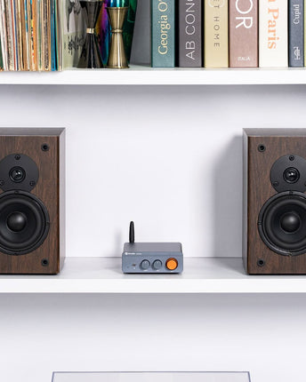 Fosi Audio BT20A PRO într-un sistem stereo de birou, între două boxe de raft