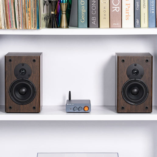 Fosi Audio BT20A PRO într-un sistem stereo de birou, între două boxe de raft