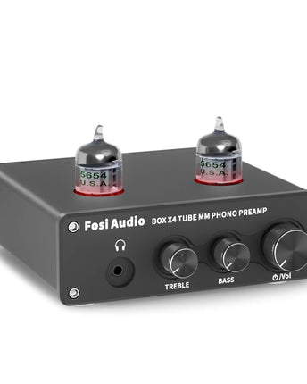 Fosi Audio Box X4, cu panoul frontal, comenzile și carcasa vizibile