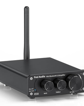 Amplificatorul Fosi Audio BT10A, cu antenă și comenzi pentru bas, înalte și volum