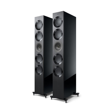 KEF Reference 5 Meta, finisaj High Gloss Black / Grey, vedere din față și lateral