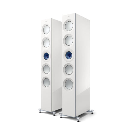 KEF Reference 5 Meta, finisaj High Gloss White / Blue, vedere din față și lateral