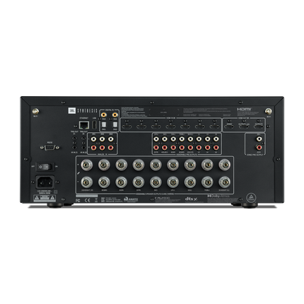Panoul spate al JBL Synthesis SDR-40, cu cele sapte intrari HDMI, cele 16 iesiri de preamplificare si cele noua perechi de borne de difuzor