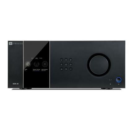 Receiver AV JBL Synthesis SDR-40 negru, vedere frontala, cu meniul Dirac pe afisaj